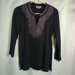 JM Collection Black Studded Top Women 3/4 Sleeve Embellished Neckline  Blouse